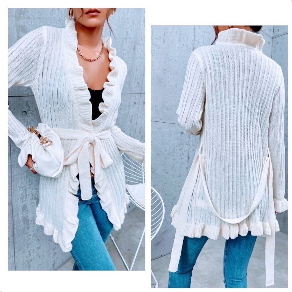 NWT! RUFFLE TRIM FLOUNCE SLEEVE BELTED LONG CARDIGAN IN CREAM!